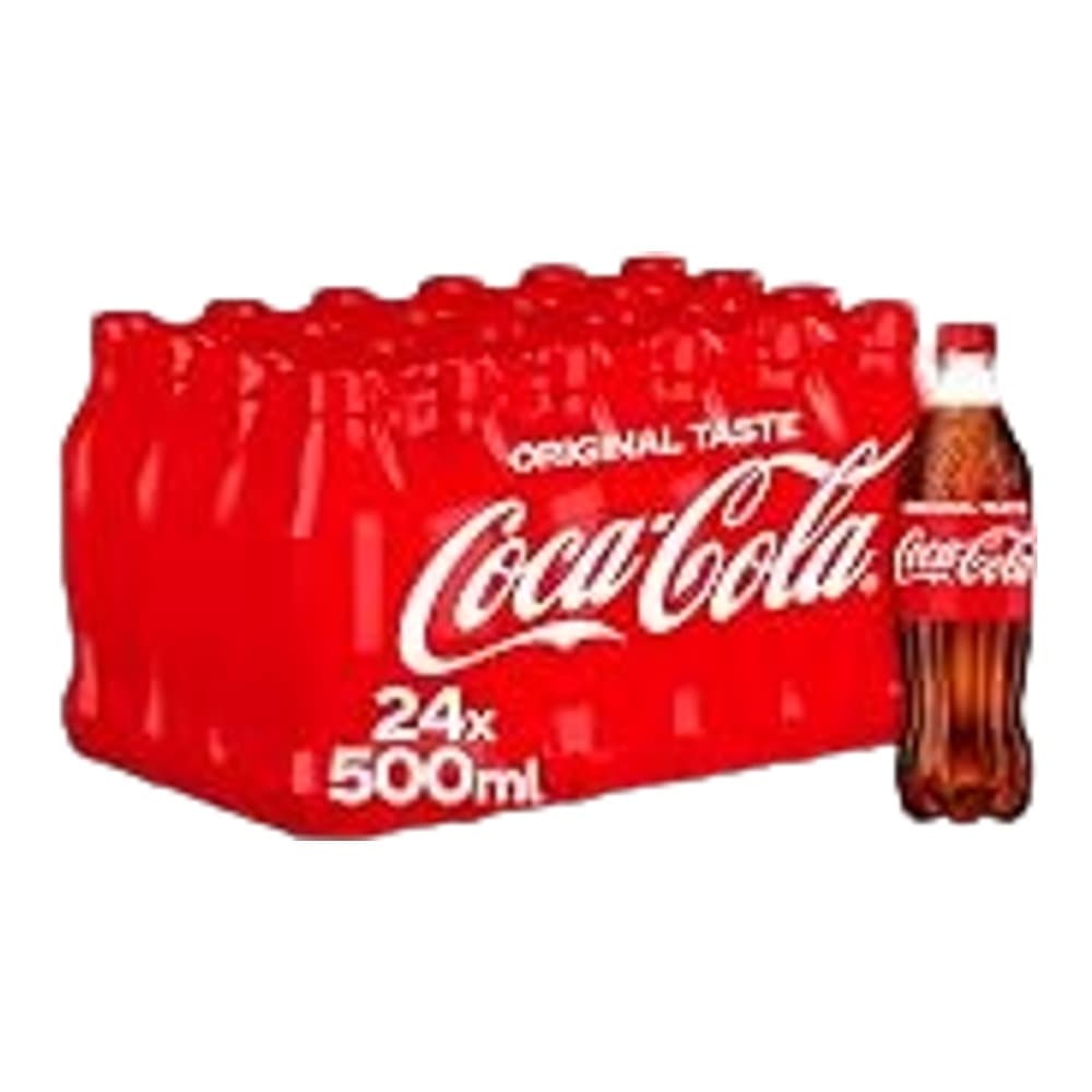 A pack of multiple red Coca-Cola 500ml bottles arranged together on a white background