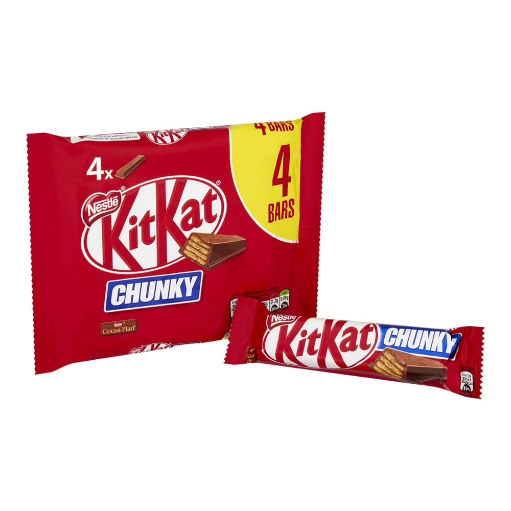 Kit Kat Chunky chocolate bar multipack showing 4 individual bars next to the red packaging box with yellow promotional label on white background