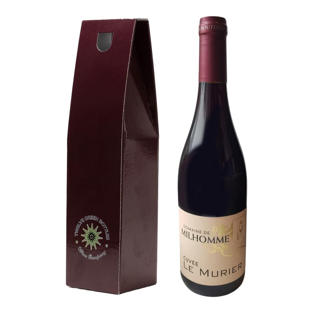 A burgundy wine bottle with beige label reading 'Domaine de Milhomme Cuvée Le Murier' displayed next to its matching burgundy gift box packaging featuring a green sun logo, both isolated on a white background.