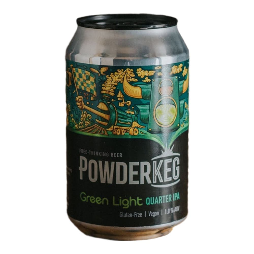 A silver aluminium beer can with green and gold decorative label reading 'Powderkeg Green Light Quarter IPA' positioned on a wooden surface against a blurred brown background.