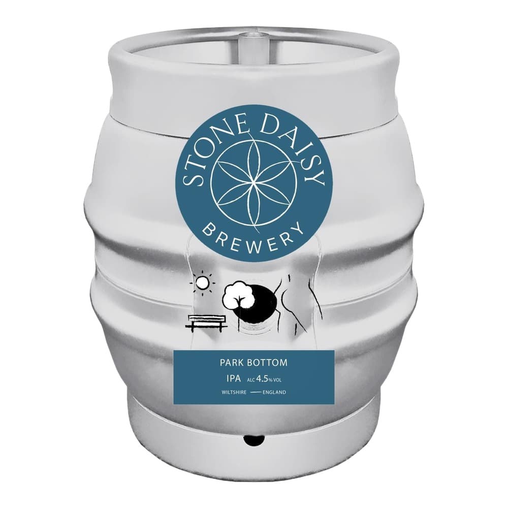 A white beer keg with a blue circular Stone Daisy Brewery logo featuring a geometric flower design at the top, with Park Bottom IPA labelling visible on the front