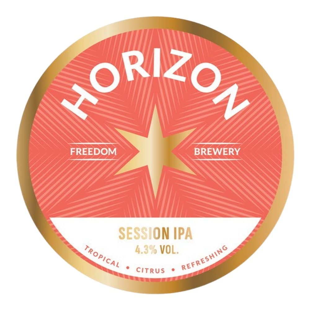 Circular beer label featuring Horizon Freedom Brewery Session IPA, displaying a large gold star on a red background with white text and gold trim.