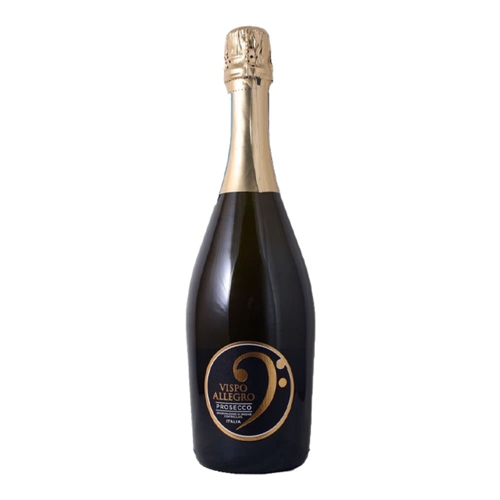 A bottle of Vispo Allegro Prosecco sparkling wine with a gold foil-wrapped top and black label featuring a gold circular logo, photographed against a plain white background.