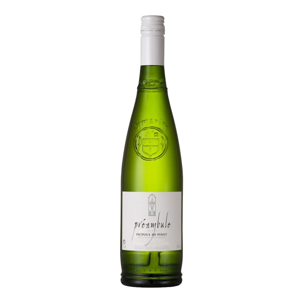 A bottle of Préambule Picpoul de Pinet white wine with a white capsule and label, displayed against a plain white background.