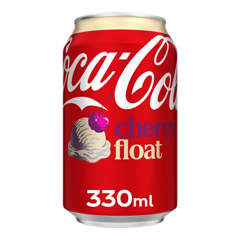 A red Coca-Cola can with white script branding, featuring cherry float flavour with an illustration of vanilla ice cream topped with a cherry, 330ml size