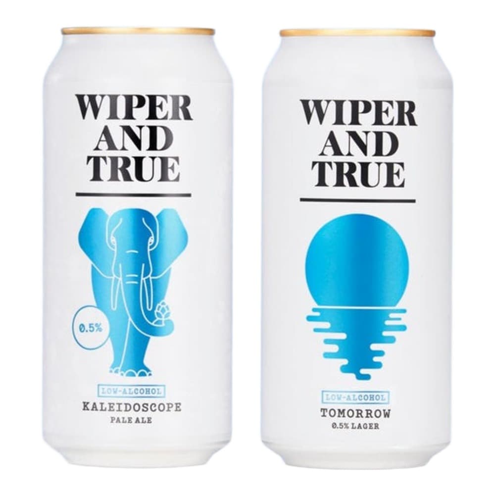 Two white aluminium cans of Wiper and True beer displayed against a light blue background. Left can features a blue elephant design for Kaleidoscope Pale Ale 0.5%. Right can features a blue circle design for Tomorrow 0.5% Lager.