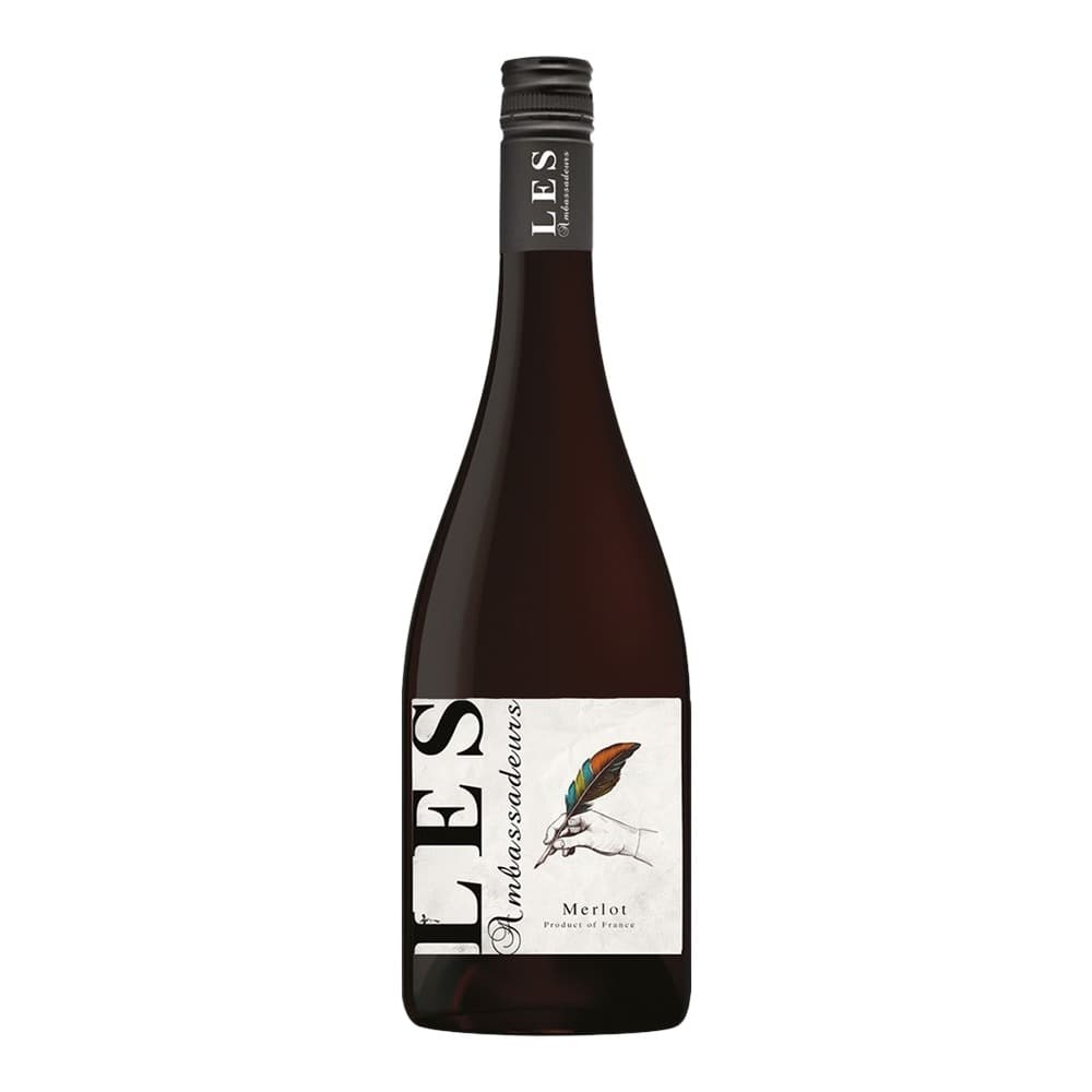 A bottle of Les Amassadeurs Merlot red wine from France, displayed against a white background with a decorative label featuring a feather and hand illustration.