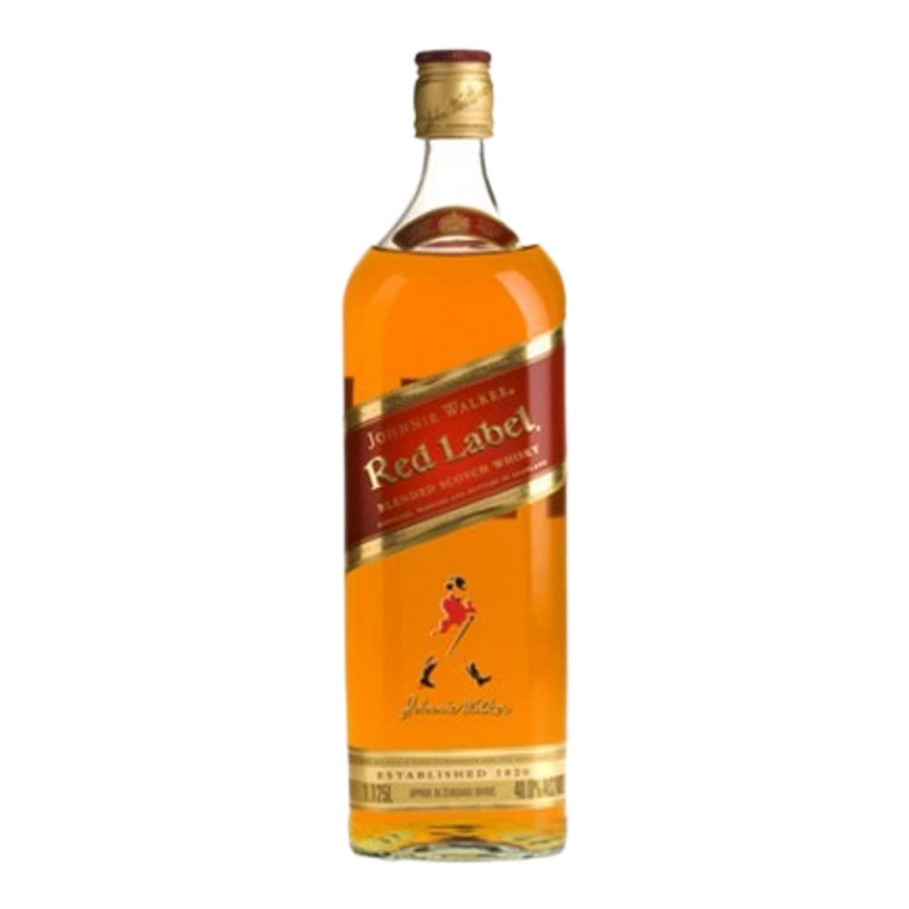A bottle of Johnnie Walker Red Label blended Scotch whisky with a distinctive red label and gold striding man logo on a white background