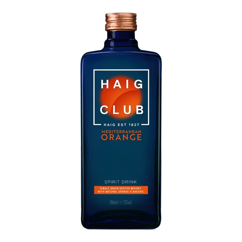 A 700ml bottle of Haig Club Mediterranean Orange whisky with a dark blue label, copper-coloured cap, displayed against a white background.