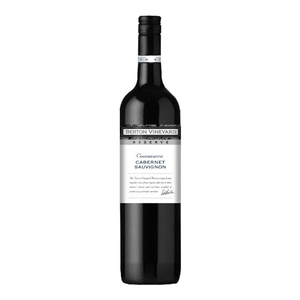 A bottle of Berton Vineyard Coonawarra Cabernet Sauvignon Reserve red wine displayed against a white background.