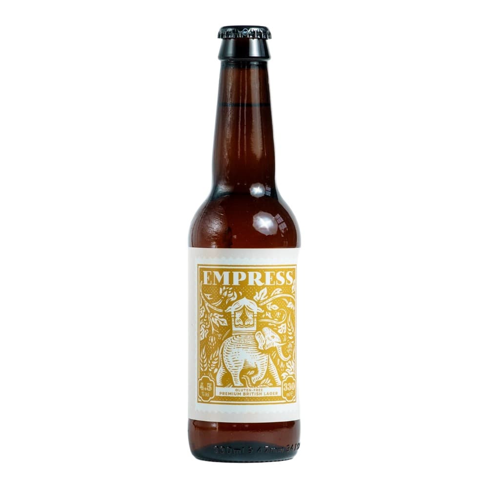 A brown glass bottle of Empress Gluten-Free Premium British Lager with a gold and white label featuring an ornate elephant design, displayed against a plain white background.