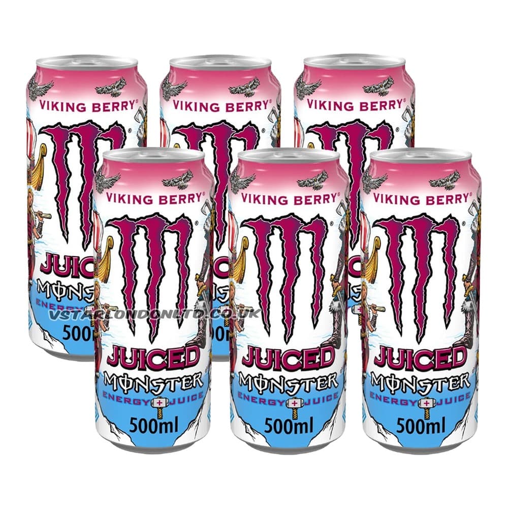 Six Monster Energy Viking Berry Juiced 500ml cans arranged on a white background displaying the pink and purple branding with Norse-inspired artwork.