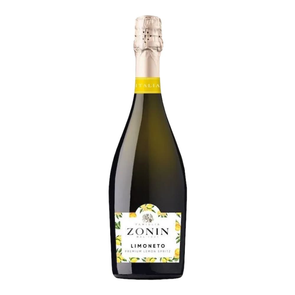 A bottle of Zonin Limoneto premium lemon spritz with a pale gold foil-wrapped top and white label featuring lemon illustrations, photographed against a plain white background.