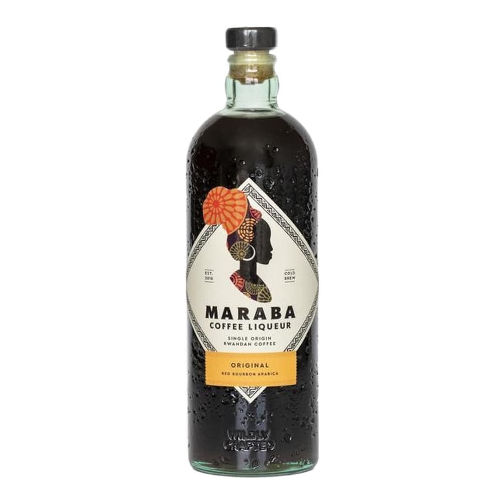 A bottle of Maraba Original Coffee Liqueur with dark liquid, featuring a white label with orange and black decorative design, displayed against a plain white background.