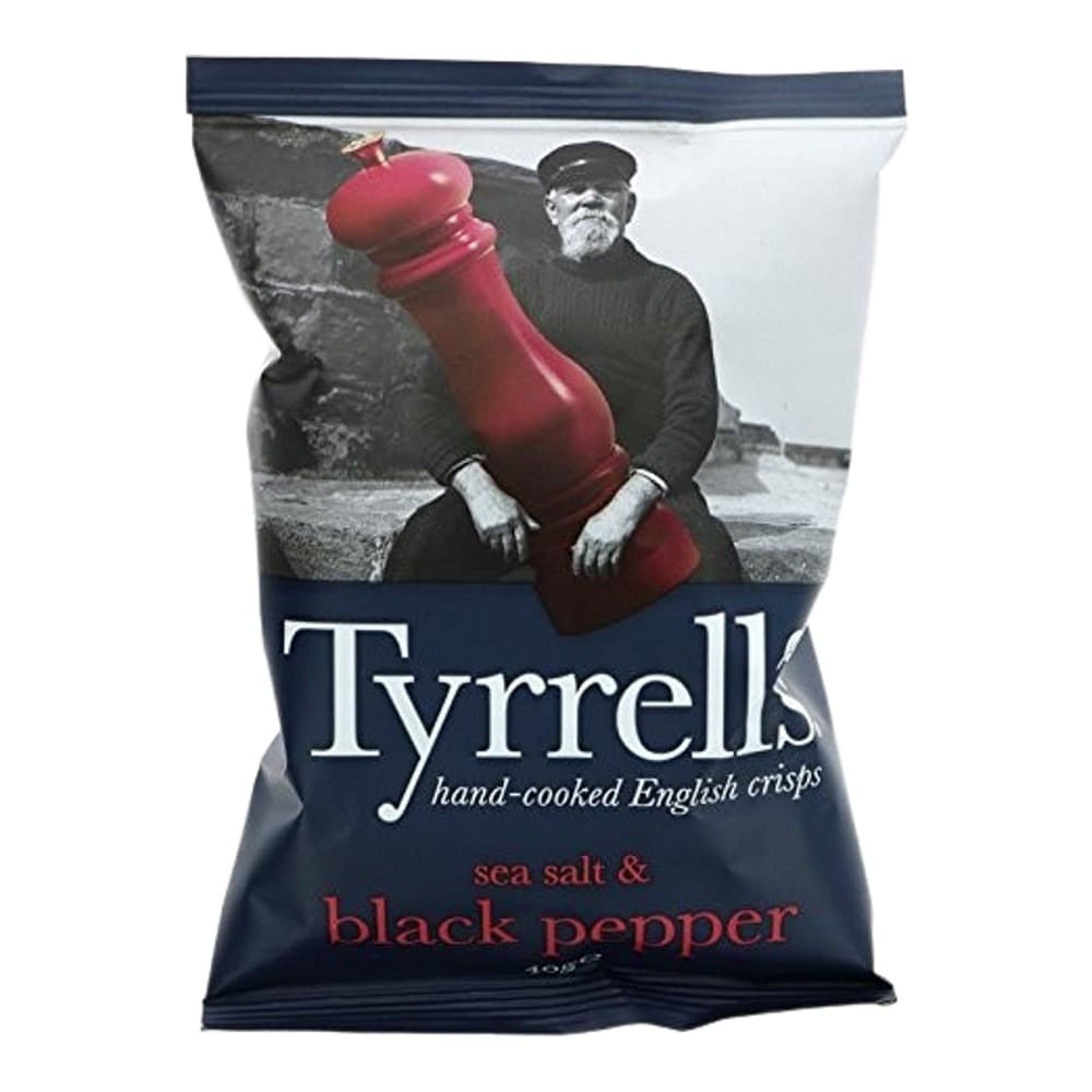 Package of Tyrrell's hand-cooked English crisps in sea salt and black pepper flavour, featuring vintage-style imagery on a dark blue and white bag