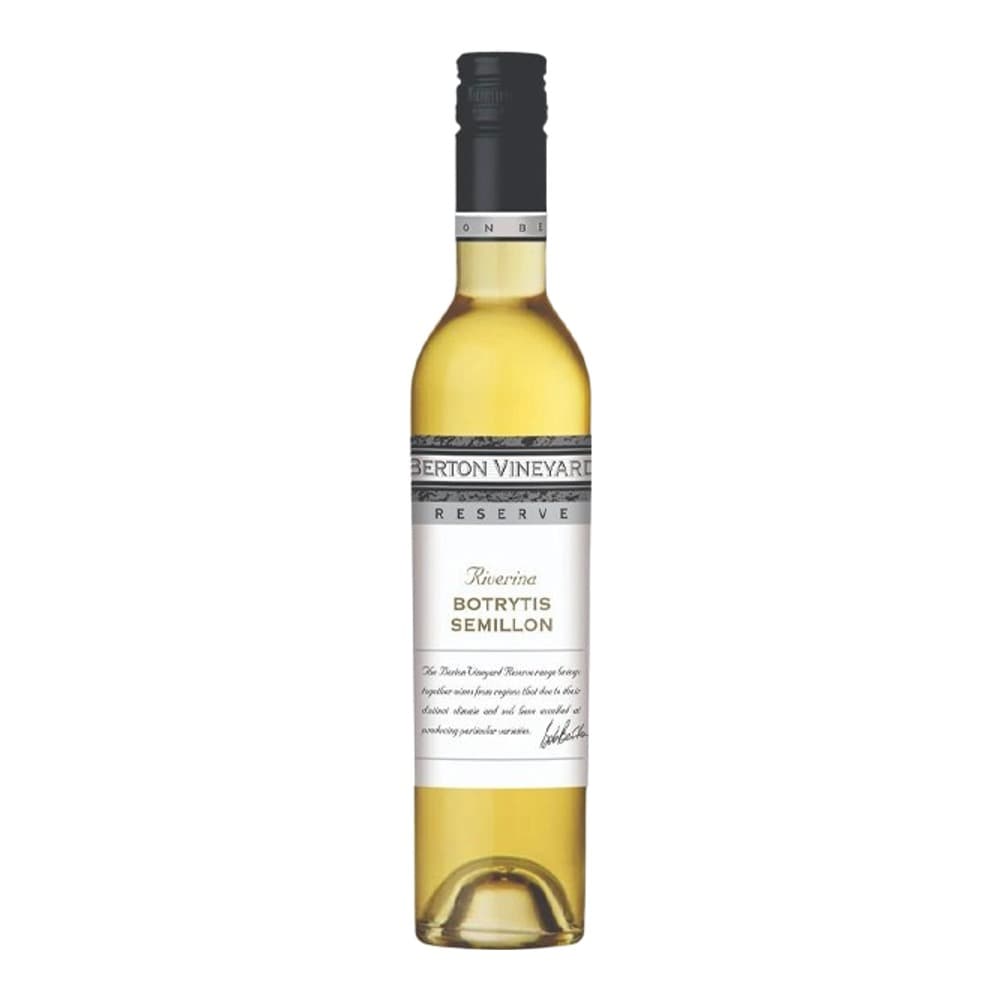 A bottle of Berton Vineyard Reserve Botrytis Semillon white wine with a black cap and white label on a plain background.