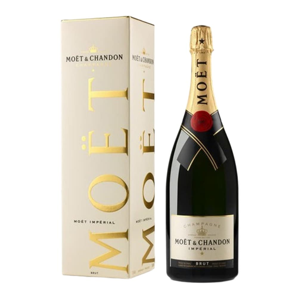 A bottle of Moët & Chandon Impérial Brut champagne displayed next to its cream and gold luxury gift box on a plain white background.