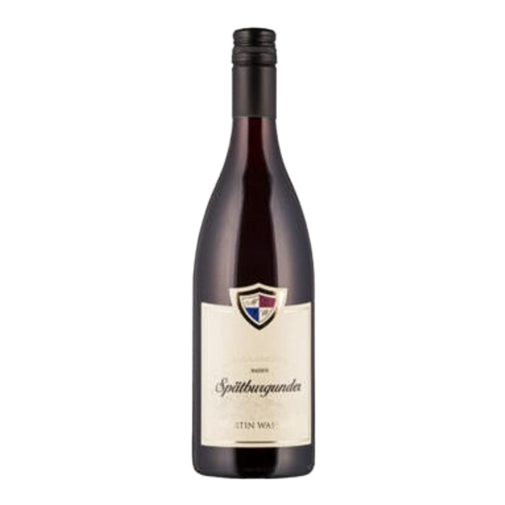 A bottle of Spätburgunder red wine with cream-coloured label and dark glass on white background
