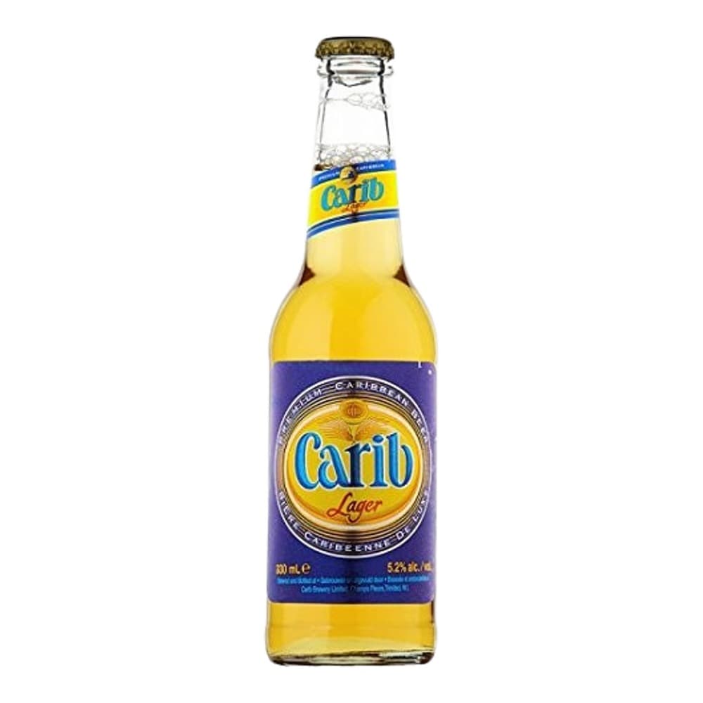 A single Carib Lager beer bottle with yellow label and blue band against a white background