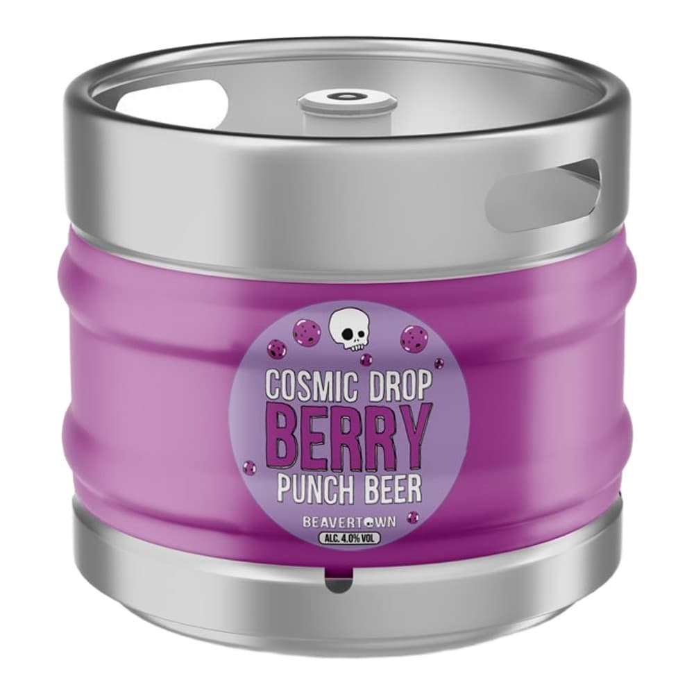 A purple and silver beer keg with a Cosmic Drop Berry Punch Beer label from Beavertown Brewery, displayed against a white background.