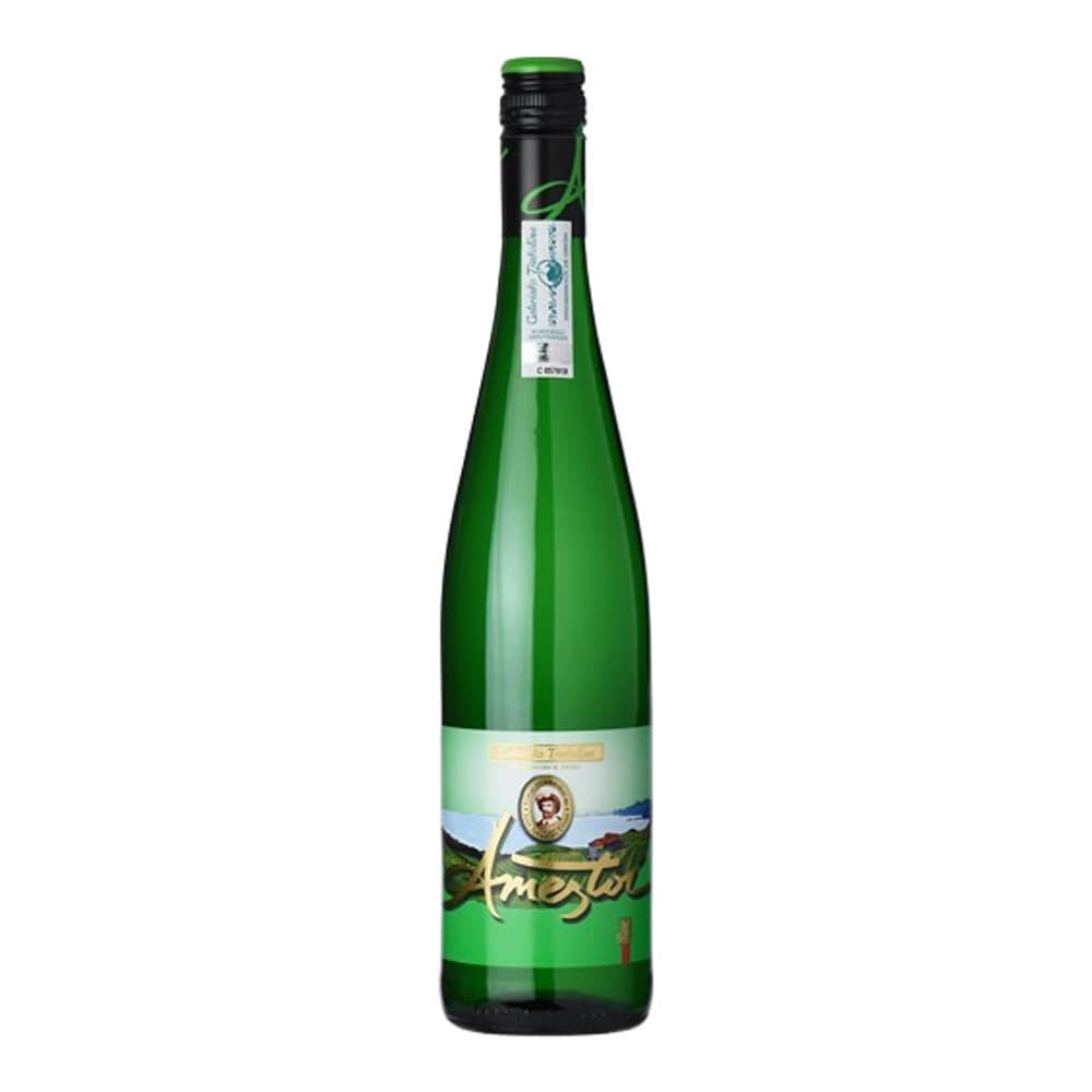 A green glass bottle of Metzger white wine displayed against a plain background with a decorative label featuring a portrait and traditional design.