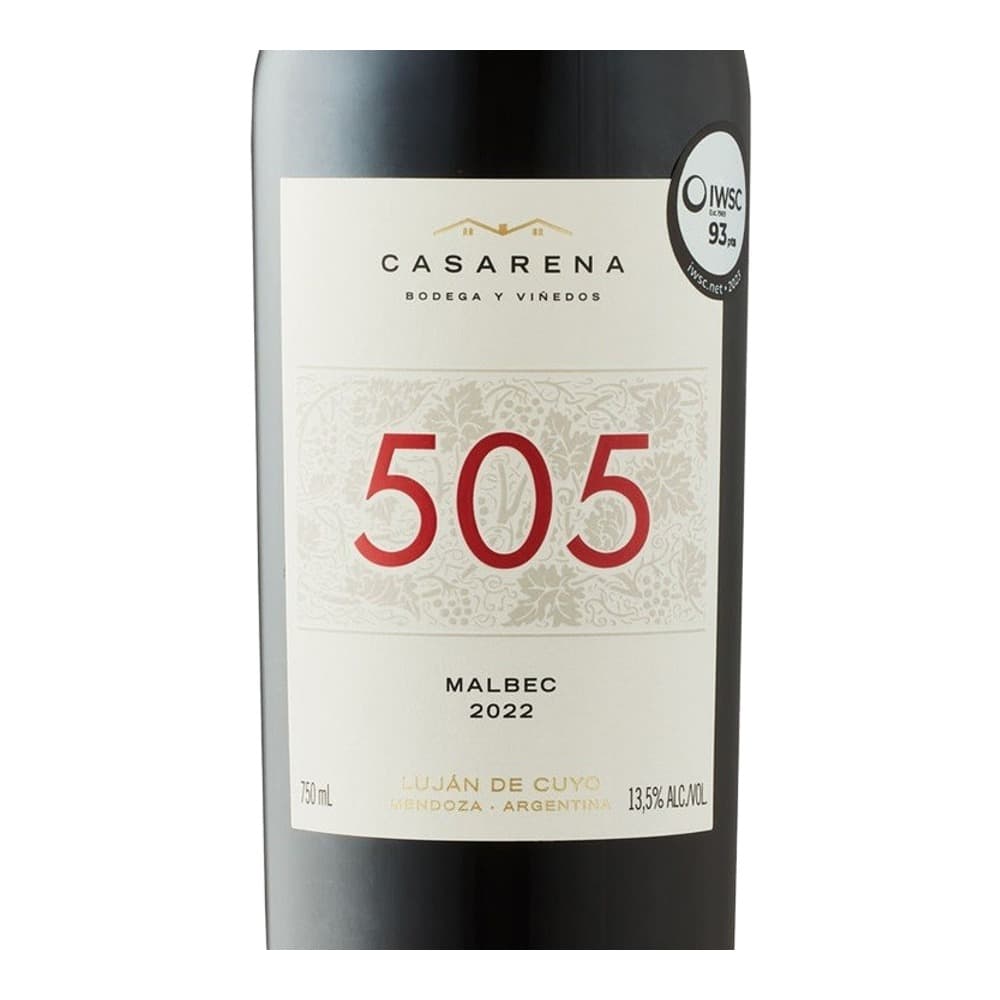 A 750ml bottle of Casarena 505 Malbec 2022 red wine from Mendoza, Argentina, featuring a dark glass bottle with a cream and gold label displaying the vineyard name and vintage year.