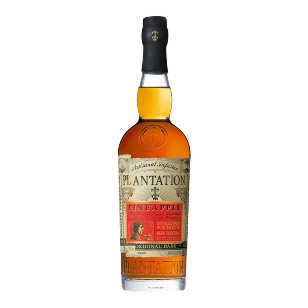 A bottle of Plantation Pineapple rum with a black cap, golden-hued liquid, and cream-coloured label featuring red accents on a white background.