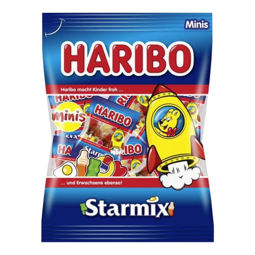Package of Haribo Minis Starmix gummy sweets featuring a yellow rocket mascot character on a blue and red background with multiple Haribo product bags visible inside.