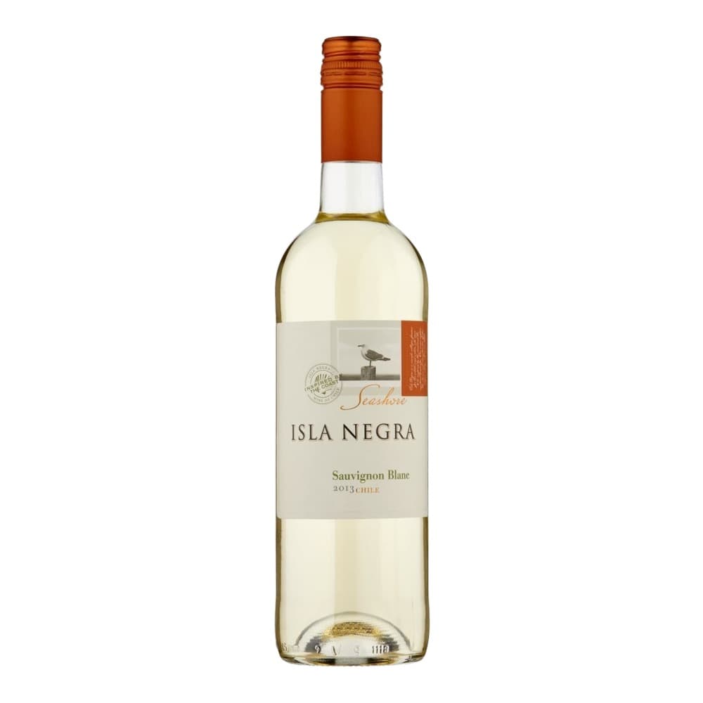 Bottle of Isla Negra Seashore Sauvignon Blanc 2013 Chilean white wine with orange cap and label featuring a seagull on a white background.