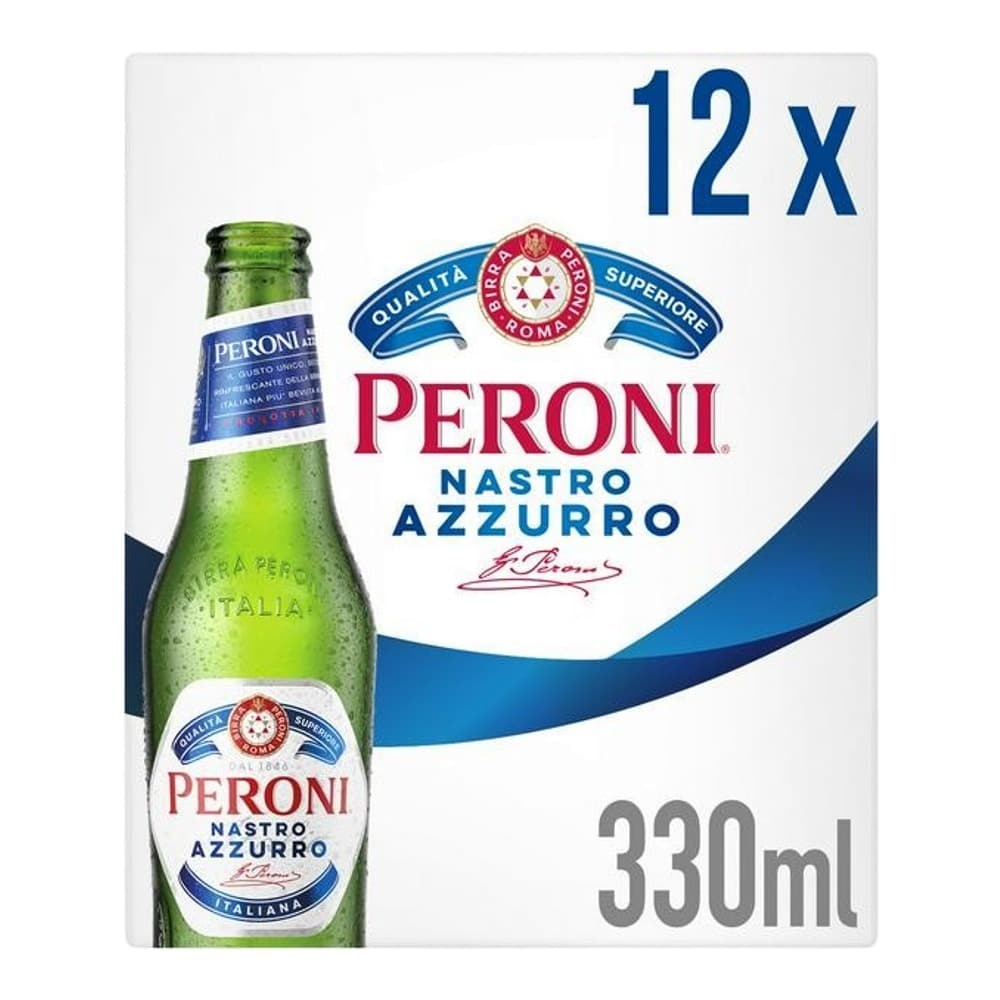 A single Peroni Nastro Azzurro beer bottle displayed on a white background with blue branding and '12 x 330ml' text indicating a multi-pack product.