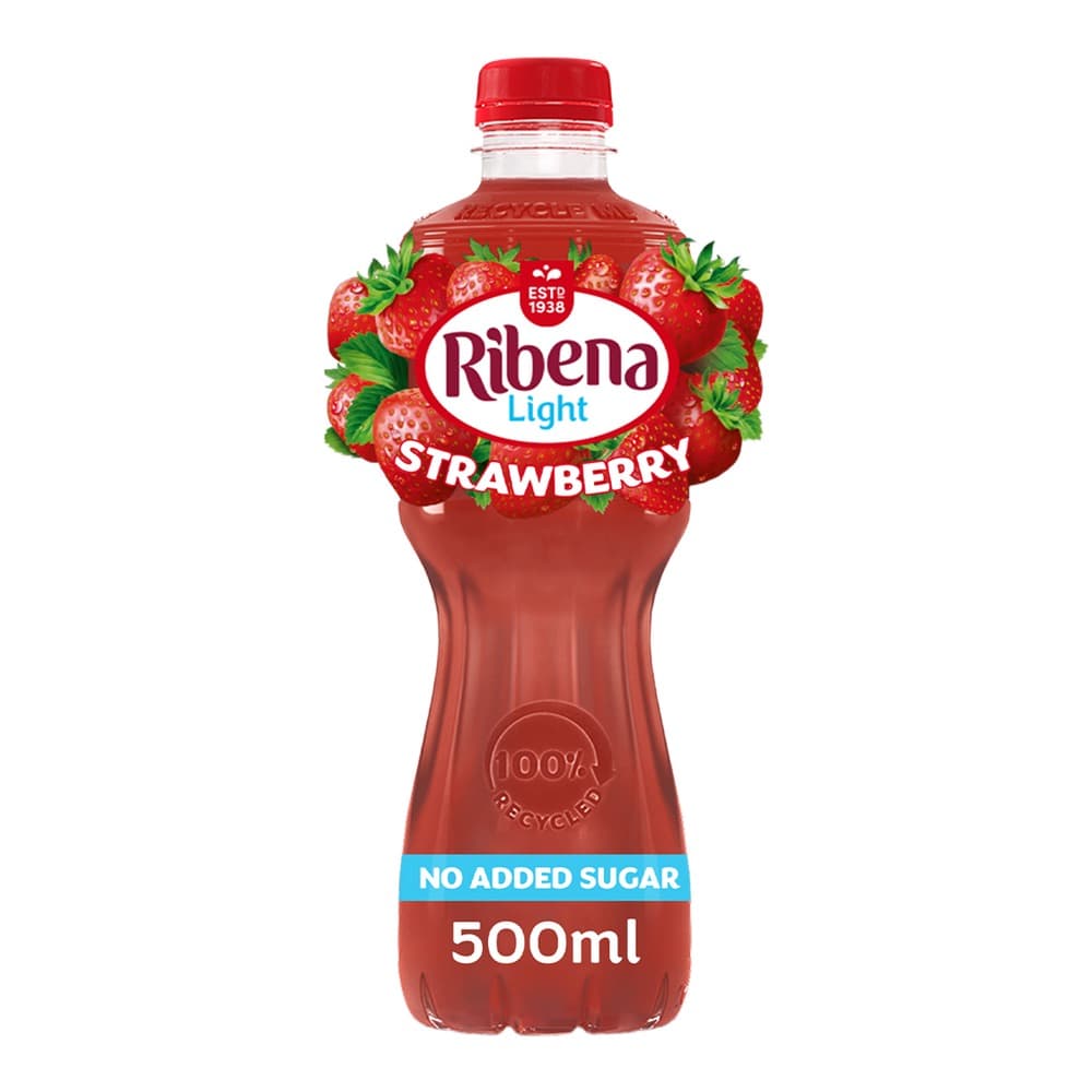 Red plastic bottle of Ribena Light Strawberry drink with red cap, featuring strawberry imagery on the label against a white background.
