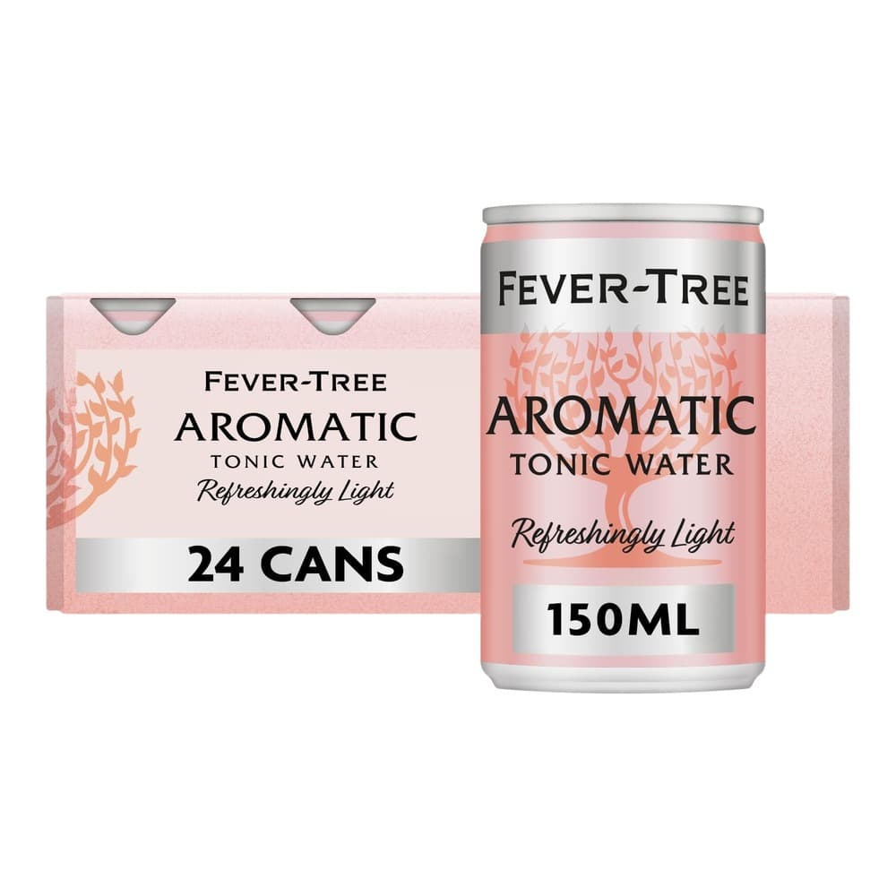 Fever-Tree Aromatic Tonic Water in a 150ml aluminium can displayed next to its 24-pack carton box on a white background