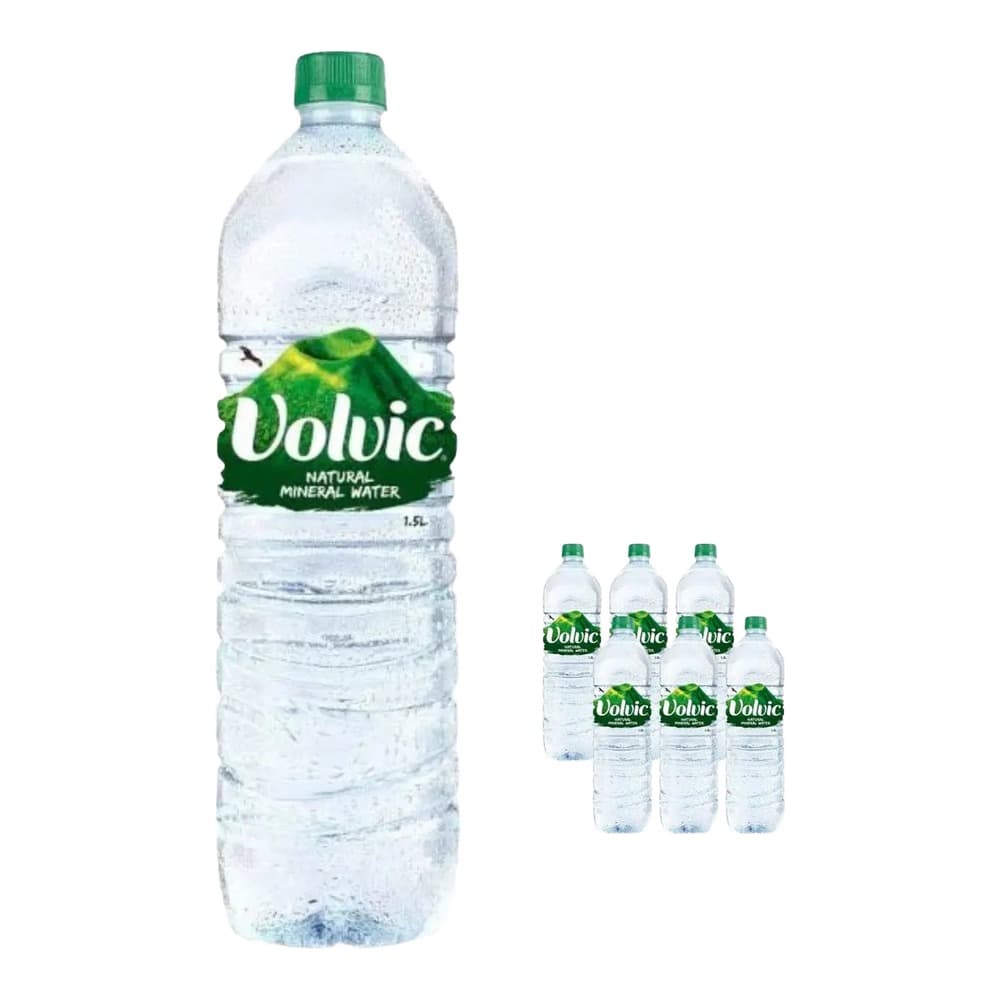 A clear plastic bottle of Volvic natural mineral water with a green label and cap, displayed with smaller bottles in the background on a white background.