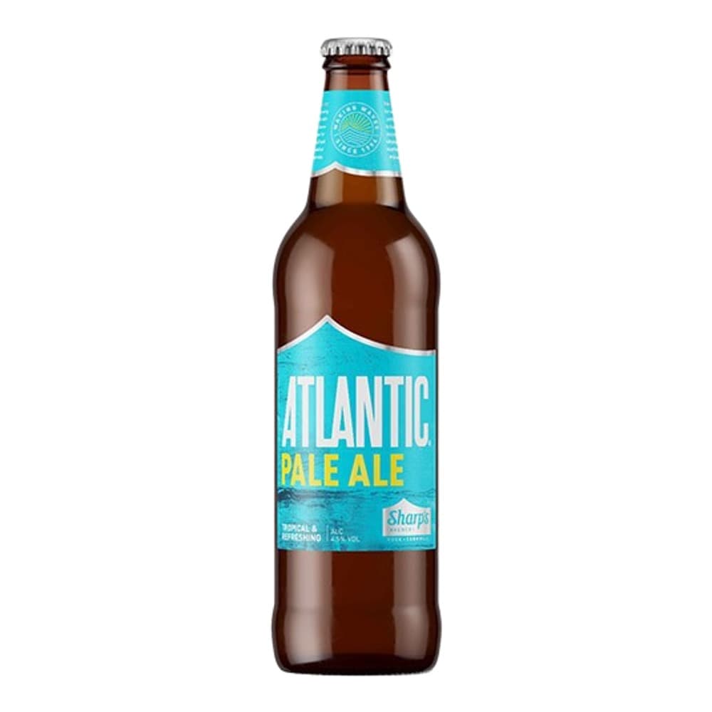 A brown glass bottle of Atlantic Pale Ale with a turquoise label and metal cap, photographed against a white background.