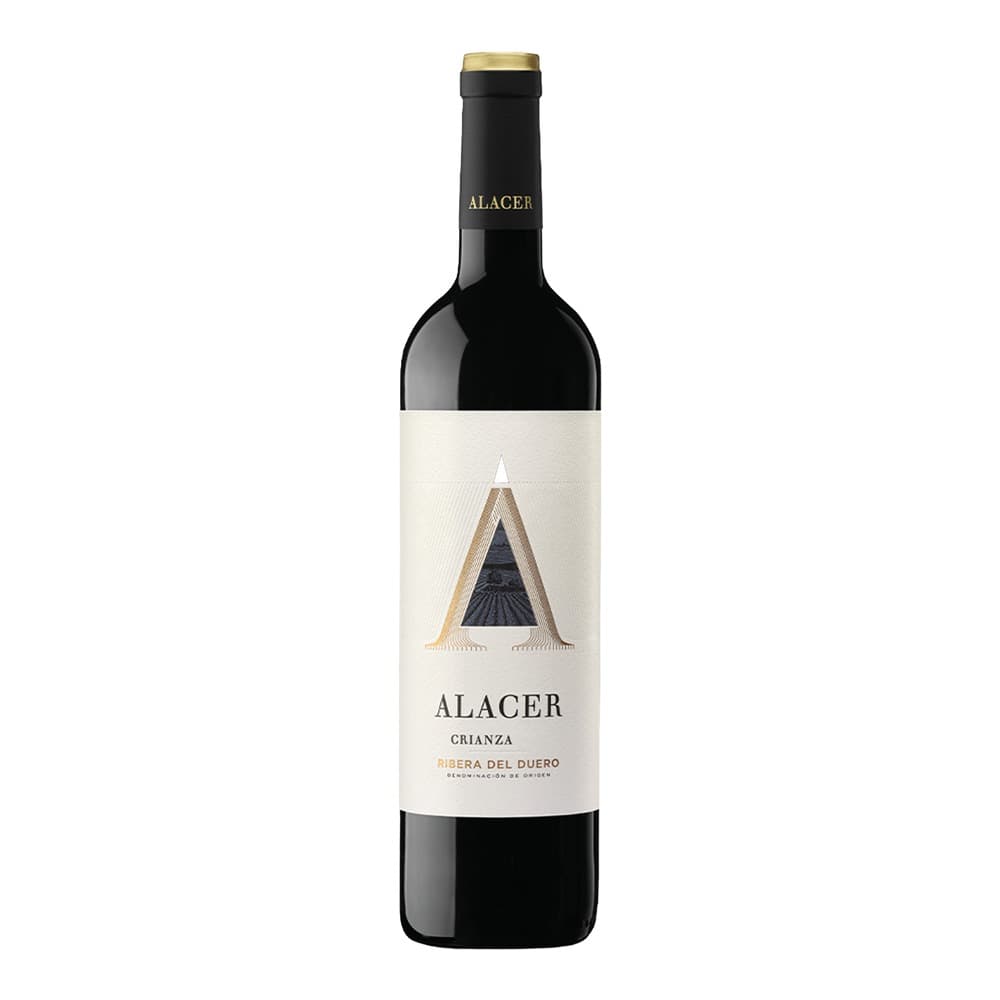 A bottle of Alacer Crianza red wine from Ribera del Duero region, featuring a cream-coloured label with a geometric triangle design, displayed against a white background.
