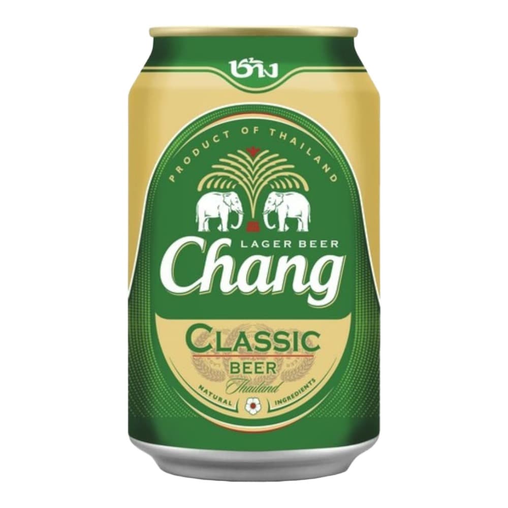 A green and gold aluminium can of Chang Classic Lager Beer from Thailand, featuring two white elephants and palm tree imagery on the label, displayed against a white background.