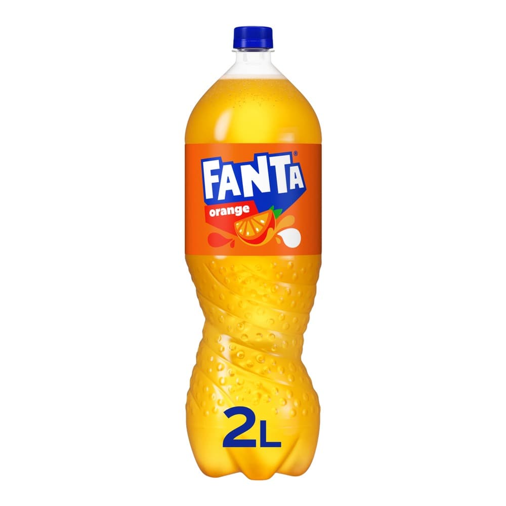 A 2-litre bottle of Fanta orange soft drink with a blue cap and orange label featuring the Fanta logo and orange fruit imagery, isolated on a white background.
