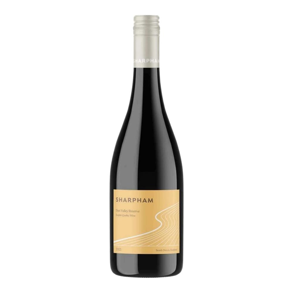 A bottle of Sharpham Dart Valley Reserve red wine with a gold label on a white background