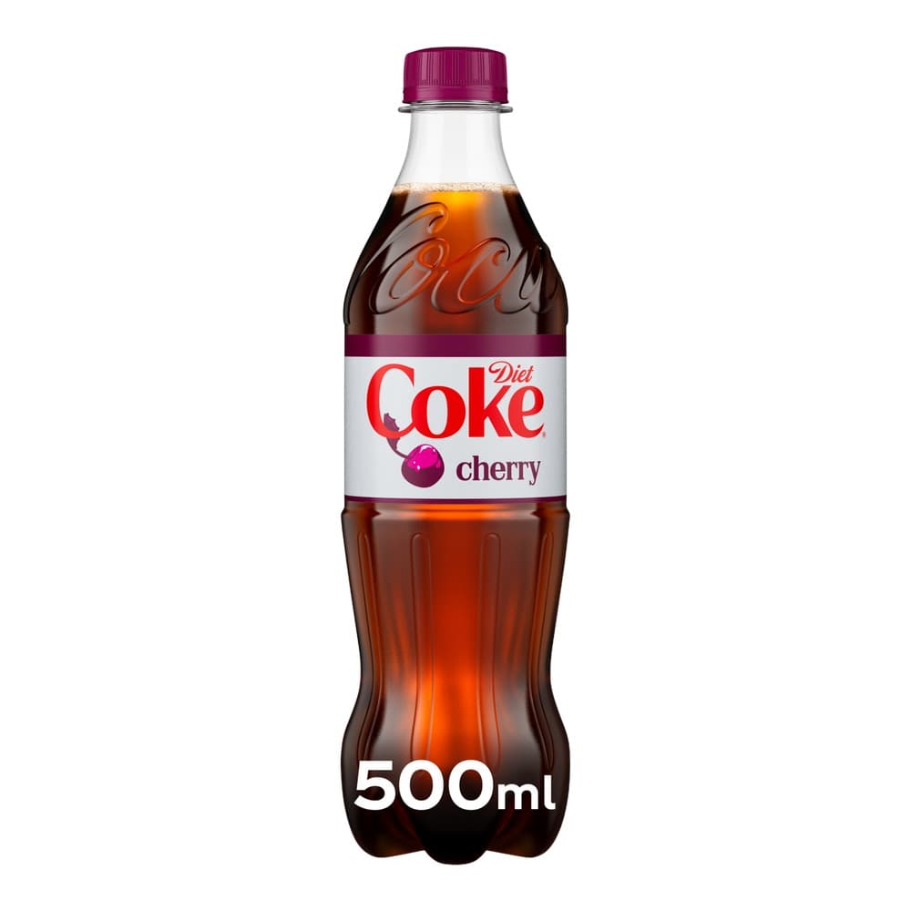 A 500ml bottle of Diet Coke Cherry with a purple cap and label featuring the Diet Coke branding and cherry imagery against a white background.