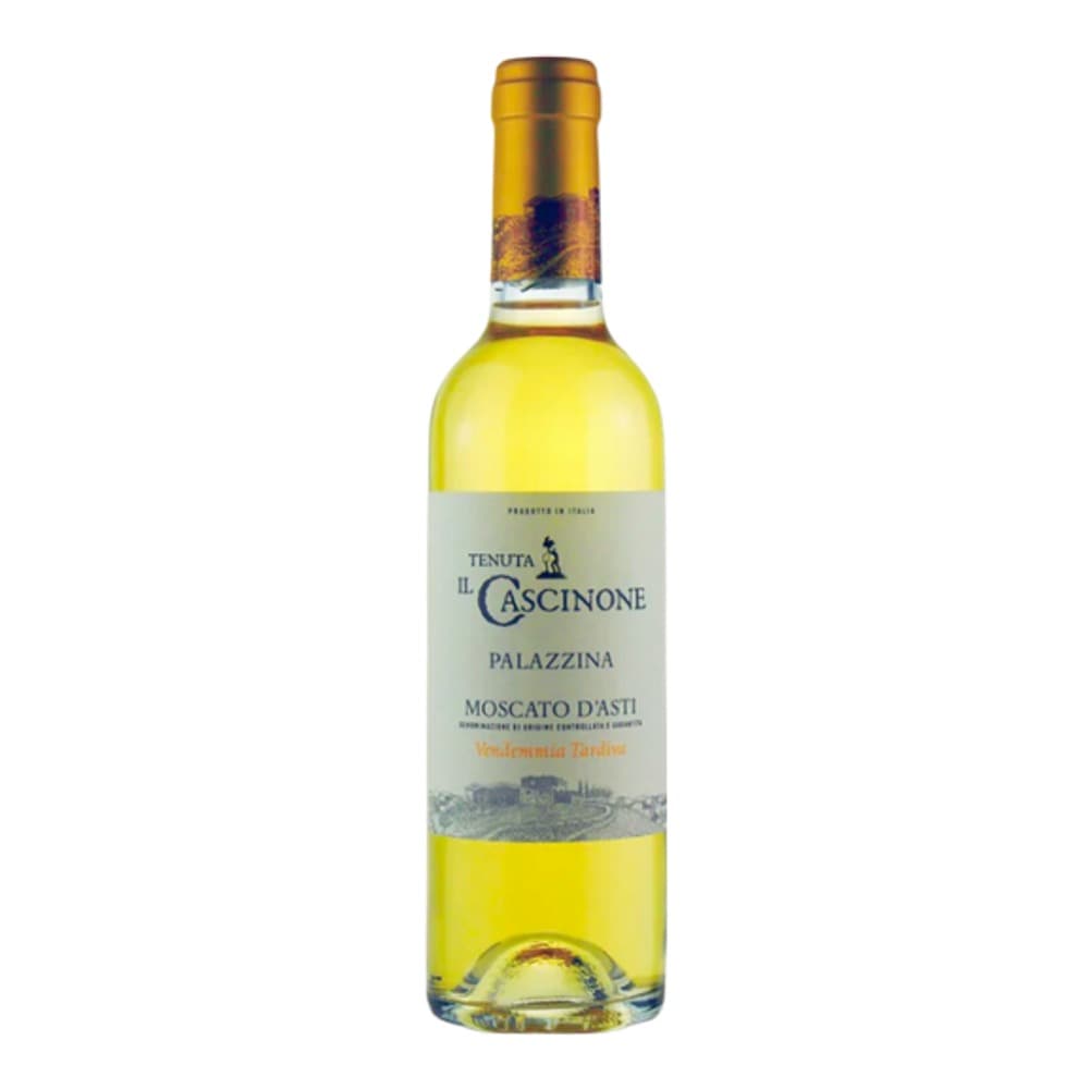 A bottle of Tenuta Il Cascinone Palazzina Moscato d'Asti sweet wine with pale yellow liquid, displayed against a white background.