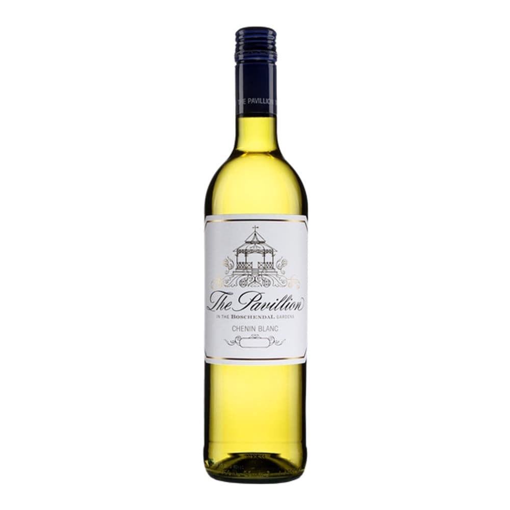 A bottle of The Papillons Chenin Blanc white wine with a white label featuring a gazebo illustration, photographed against a plain white background.