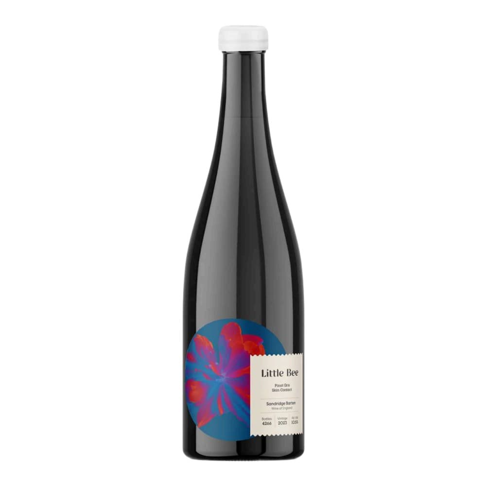 A dark glass bottle of Little Bee Pinot Noir wine with a white cap and colourful blue and red label, photographed against a plain background.