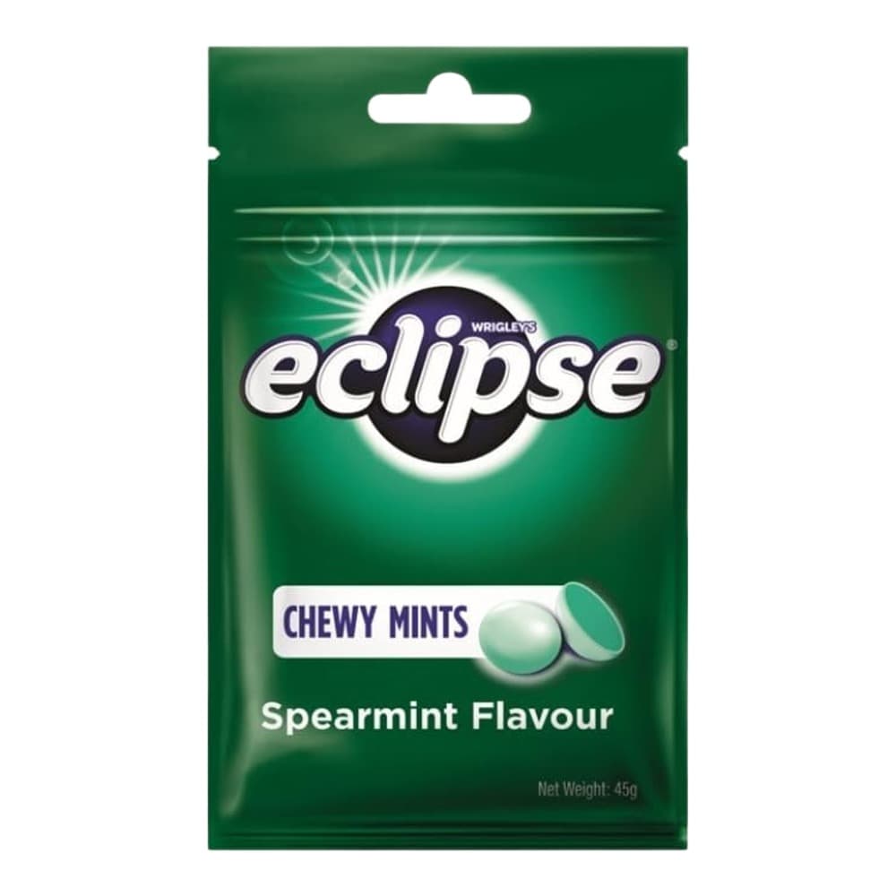Green packet of Eclipse Chewy Mints in Spearmint flavour with product imagery and branding displayed against a white background