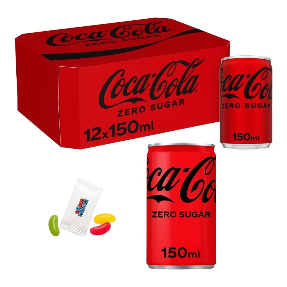 Red cardboard box of Coca-Cola Zero Sugar containing 12 150ml cans, displayed with two individual aluminium cans and a packet of sweets