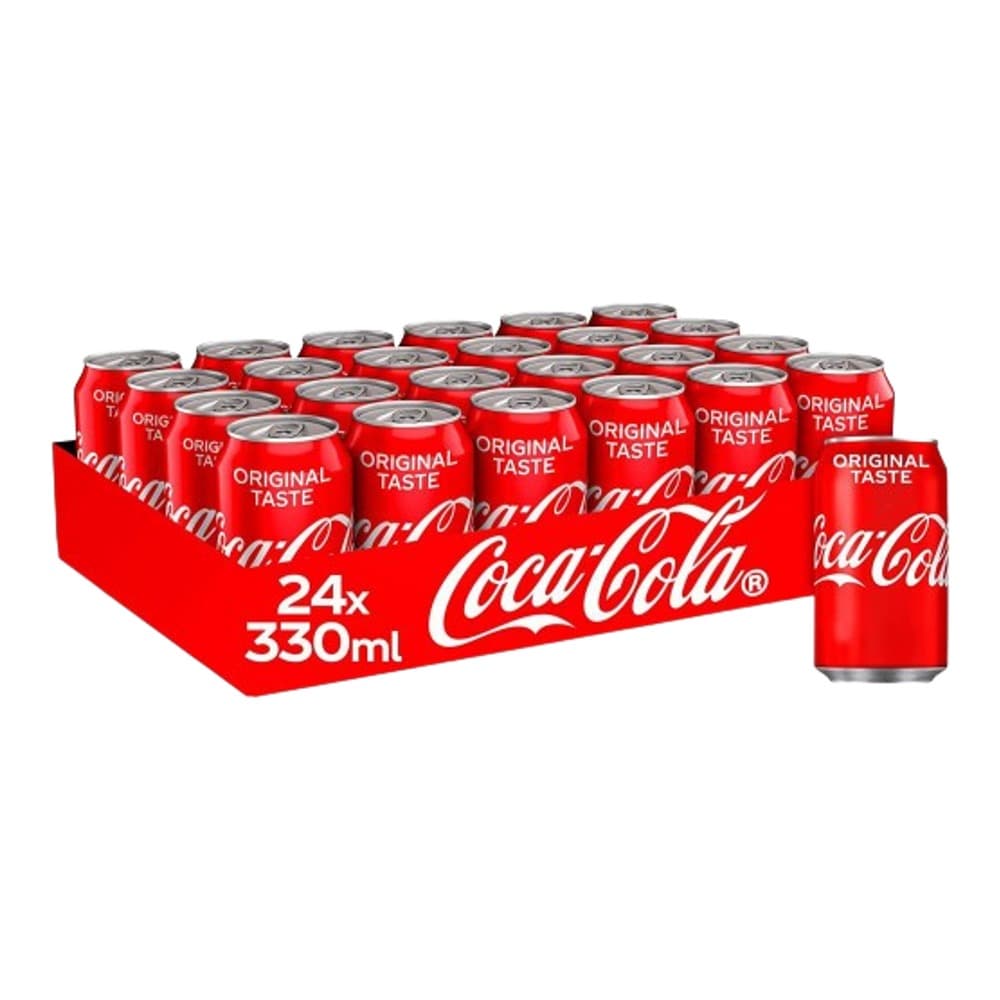 A display of 24 red Coca-Cola Original Taste 330ml cans arranged on a red branded cardboard base against a white background.