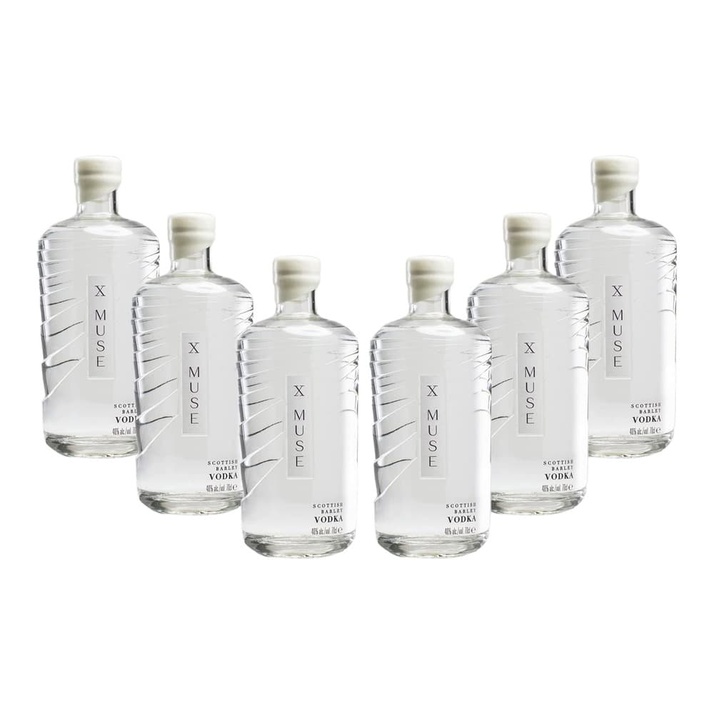 Five clear glass bottles of Xmuse Scottish Barley Vodka arranged on a white background, featuring geometric line designs on the labels and cork closures.