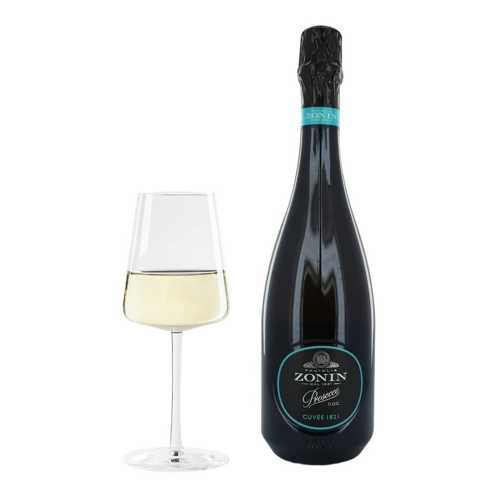 A bottle of Zonin Prosecco DOC Cuvée 1821 with a turquoise label displayed next to a filled champagne flute on a white background.