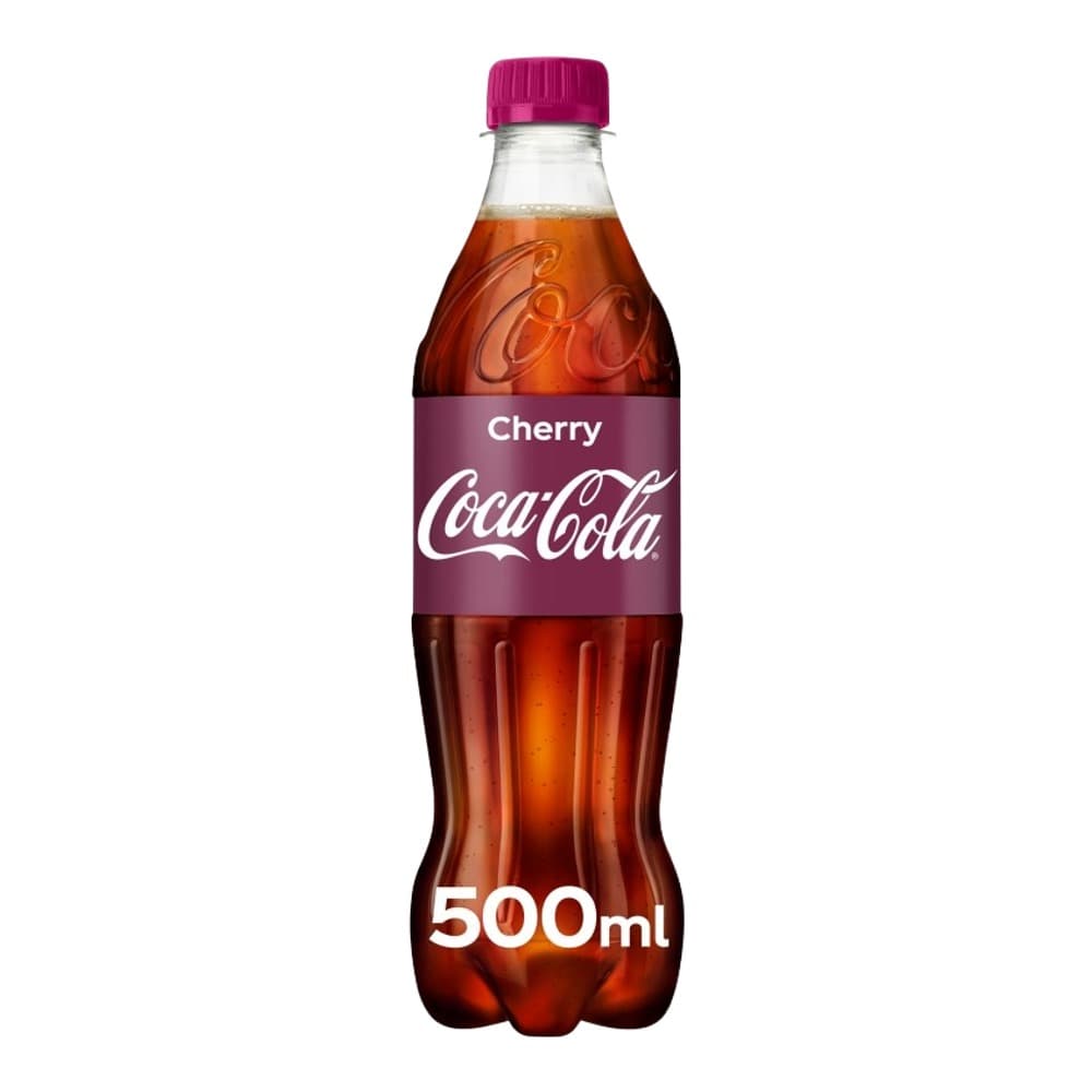 A 500ml bottle of Cherry Coca-Cola with a pink cap and burgundy label against a white background.