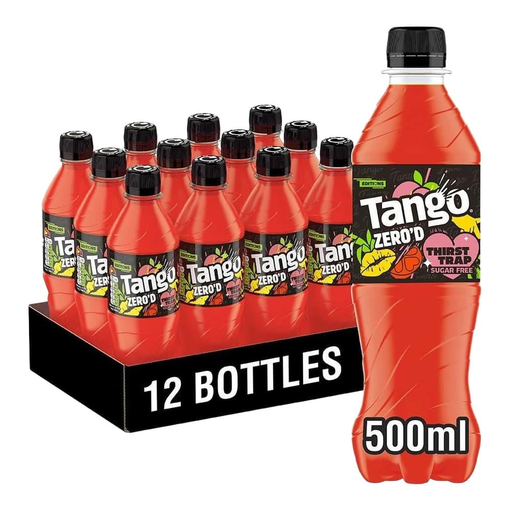 Tango Zero Sugar-Free Thirst Trap flavoured beverage displayed as a 12-bottle multipack and individual 500ml bottle on white background