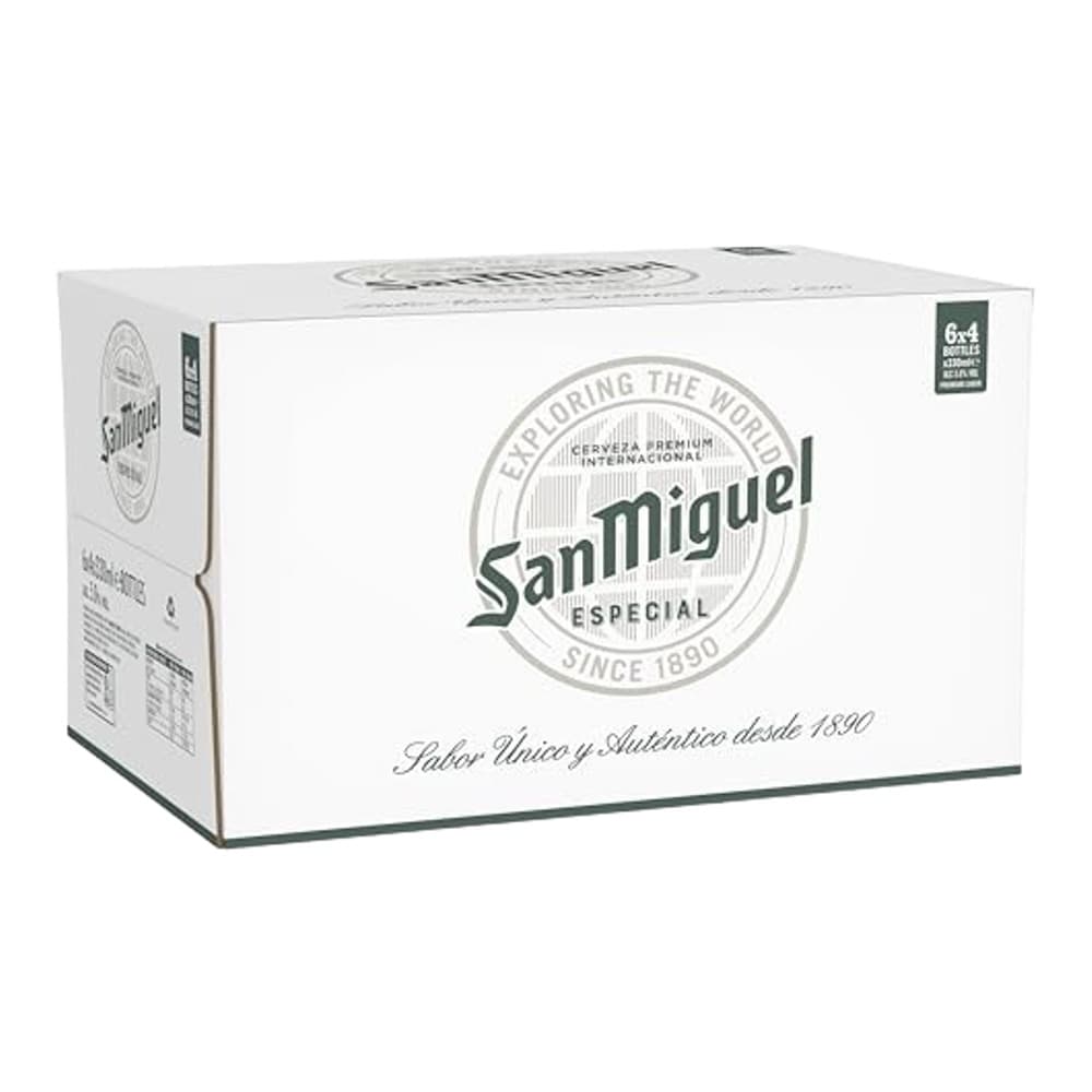 White cardboard box of San Miguel Especial beer with brand logo and branding visible against plain white background